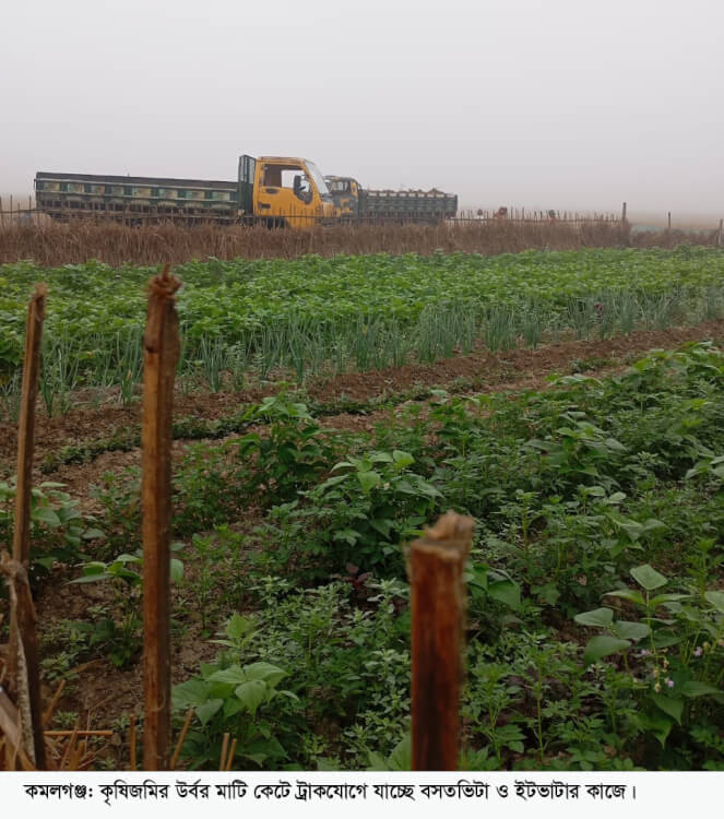 কমলগঞ্জে ফসলি জমির মাটি যাচ্ছে ইট ভাটা ও বসত ভিটায়
