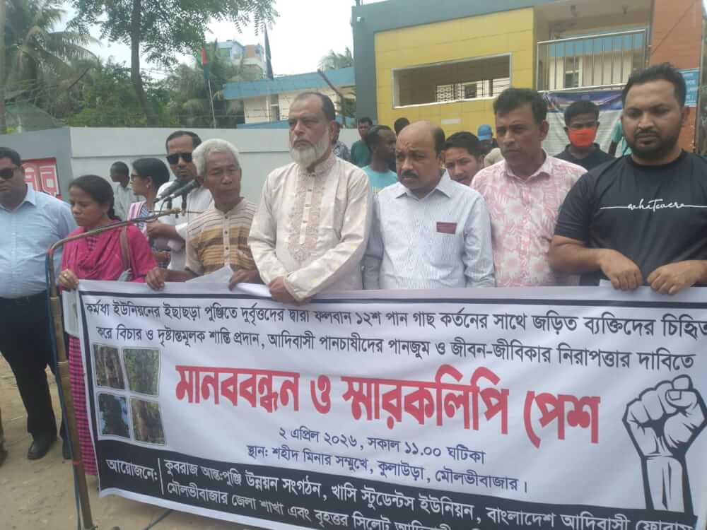 কুলাউড়ায় পানগাছ কর্তনের প্রতিবাদে মানববন্ধন