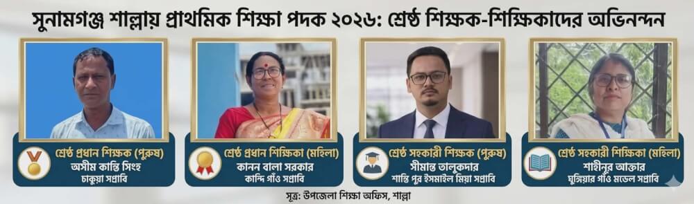 শাল্লায় ‘প্রাথমিক শিক্ষা পদক-২০২৬’: শ্রেষ্ঠ চার শিক্ষক নির্বাচিত